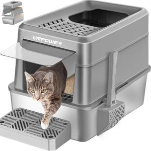 URPOWER Stainless Steel Cat Litter Box with Lid Extra Large Enclosed Litter Box Non-Sticky Metal Pan with High Sided & Scoop, Odor Free, Front & Top Entry, Anti-Leakage, Easy Cleaning