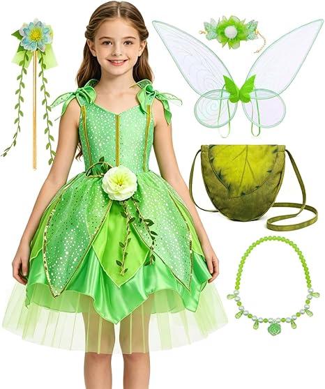 Fairy Princess Costume Set with Wings, Girls Forest Halloween Birthday Party Dress, Floral Wristband Wand 5-6T