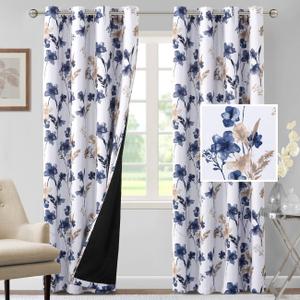 H.VERSAILTEX 100% Blackout Curtains 84 inch Length 2 Panels Set Cattleya Floral Printed Drapes Leah Floral Thermal Curtains for Bedroom with Black Liner Sound Proof Curtains, Navy and Taupe, Size: 52"W x 84"L
