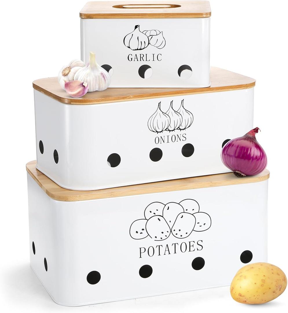 3 Pack Potato Onion Garlic Storage Set, Iron Vegetable Storage Bins with Holes Bamboo Lids, Stackable Kitchen Organization Container Storage Tin for Countertop Pantry