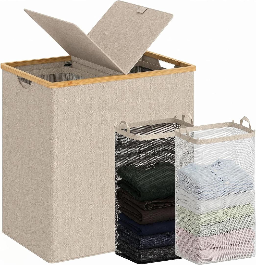 efluky Laundry Hamper with Lid, Double Laundry Basket with 2 Removable Bags, 2 Section Laundry Bin with Bamboo Handles for Bathroom, Bedroom & Laundry Room, 140L (36.9 Gallon) Oat