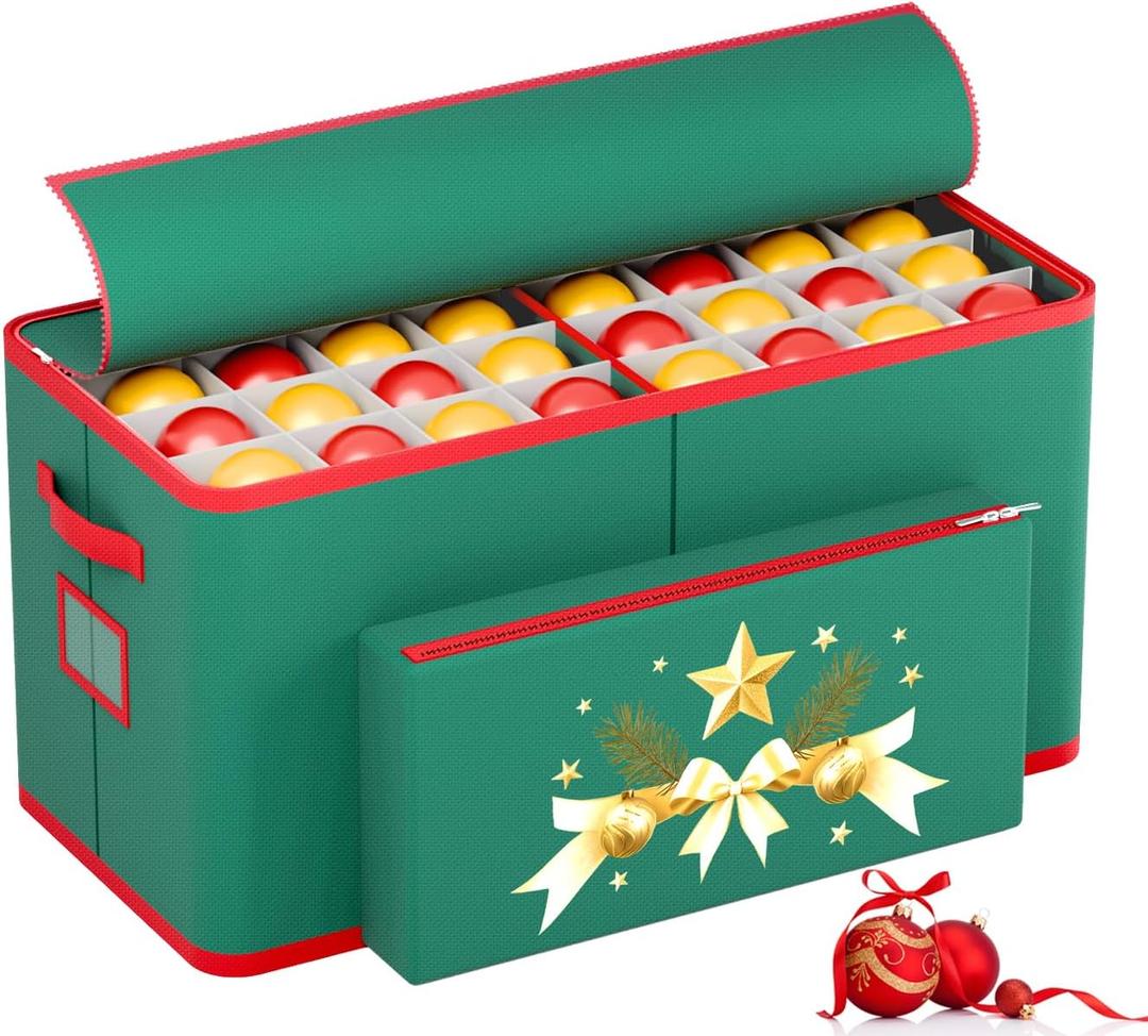 MODFUNS Christmas Ornament Storage Box 128 Ornaments Green Christmas Ornament Storage Containers with Adjustable Dividers 600D Oxford Fabric Xmas Storage Box with Zippers and Outter Pocket