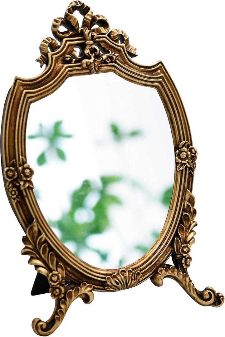 Eaoundm Resin Frame Decorative Wall Mirror Makeup Mirror Tabletop Mirrors, for Bedroom Living-Room Dresser Decor 8.2W x 13 L inchs (Vintage Gold)