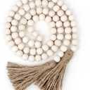 58in Wood Bead Garland with Tassels, Farmhouse Rustic Country Decor Prayer Boho Wall Hanging Decoration (Nature) (White)