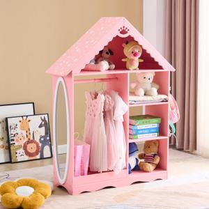 Karl home Dollhouse-Shaped Kids Dress Up Storage with Mirror & Cute Print, Princess Open Hanging Armoire Closet with Storage Shelves, Children Pretend Costumes Wardrobe Closet, Pink