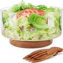 Large Glass Salad Bowl Set, 150 oz Salad Bowl with Acacia Wood Base and Salad Serving Utensils, Trifle and Fruit Bowl, Serving Bowls for Party, Dessert, Popcorn, Chips, Pasta, Kitchen Must Haves