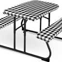 3 Pieces Picnic Table Cover for Kids with Bench Covers Fitted Tablecloth for Outdoors Vinyl Waterproof cloth for Camping Home Goods Indoor Outdoor Patio BBQ(Black, White)