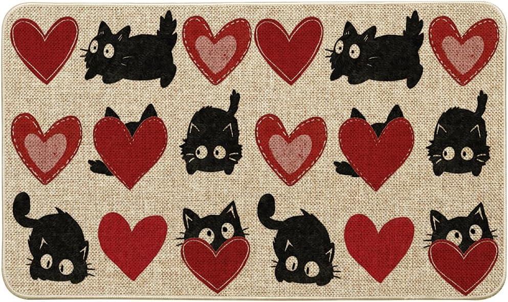 Artoid Mode Black Cat Love Heart Valentines Doormat,Home Decor Low-Profile Door Mat Switch Rug Floor Mat for Indoor Outdoor 17x29 Inch