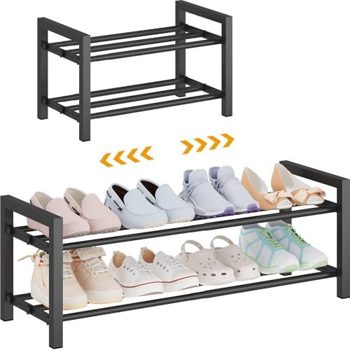 Detsuk 2-Tier Expandable Shoe Rack (17.5"-30.7") – Adjustable Heavy-Duty Metal Shoe Organizer Shelf for Closet, Entryway, Mudroom & Garage – Durable Freestanding Storage, Black