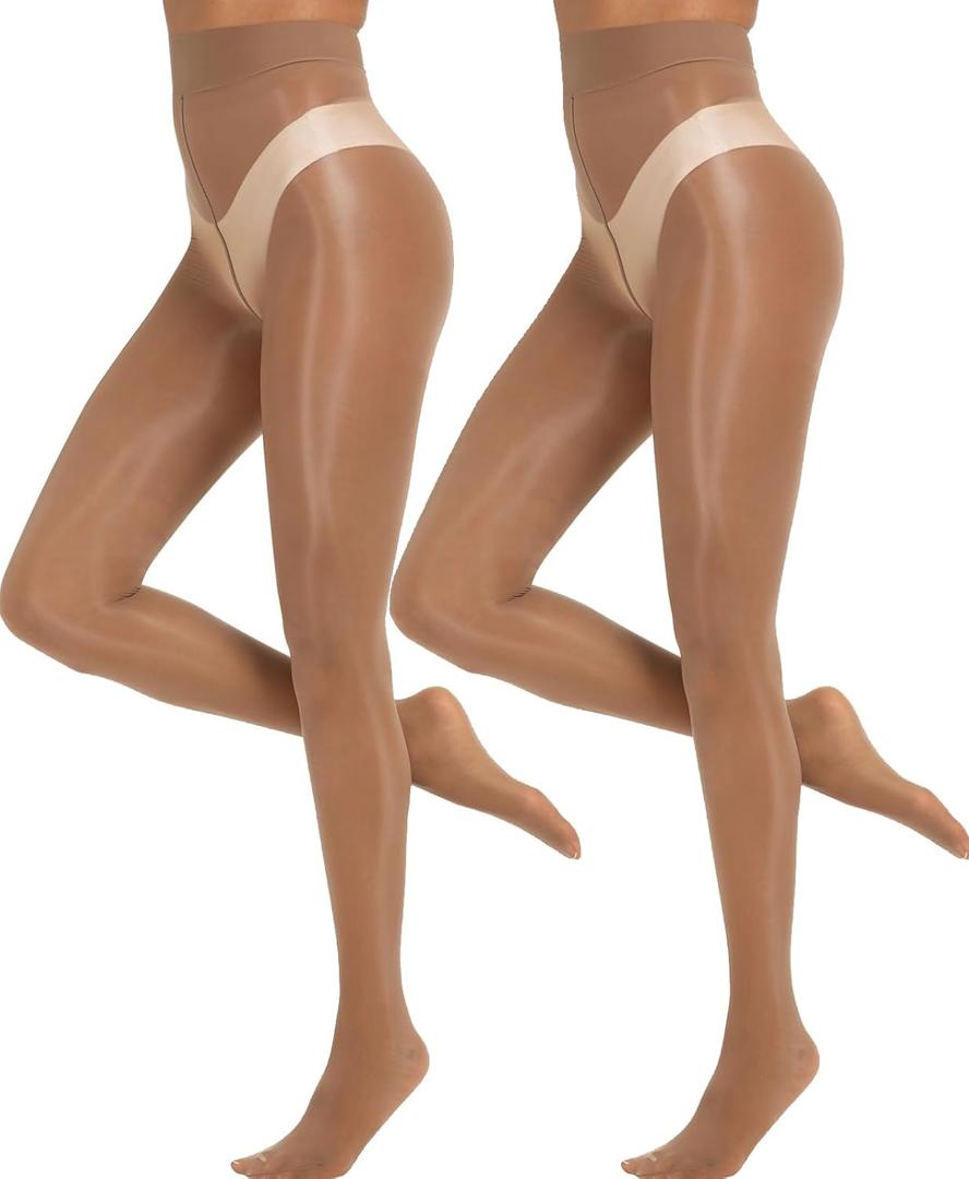MANZI Shiny Pantyhose for Women 2 Pairs Shimmer Sheer Tights Ultra Silky (Large-X-Large, Brown)