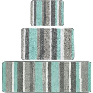 mDesign Soft Microfiber Polyester Spa Rugs for Bathroom Vanity, Tub/Shower - Water Absorbent, Machine Washable - Plush Non-Slip Rectangular Accent Rug Mat -Striped Design, Set of 3 Sizes - Mint/Gray