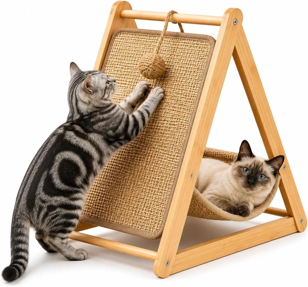 Cat Scratcher Bed for Indoor Cats, Wooden Sisal Cat Scratching Post with Hanging Ball Toy, Cat Lounge Bed for Kittens & Adult Cats