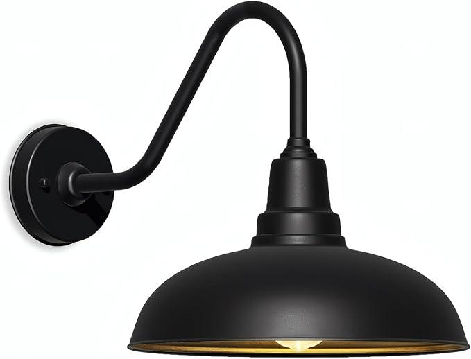 14" Outdoor Gooseneck Barn Light – Industrial Black Wall Mount Fixture, Weatherproof and Rust-Resistant, Vintage Farmhouse Style for Garage, Porch, or Patio – 1 Pack