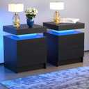 LED Nightstands Set of 2, Modern Black Night Stand End Tables with APP & Remote Control LED Lighting, 2 Drawers, Open Shelf Storage, Bedside Tables for Bedroom and Living Room, 20" x 20" x 14"