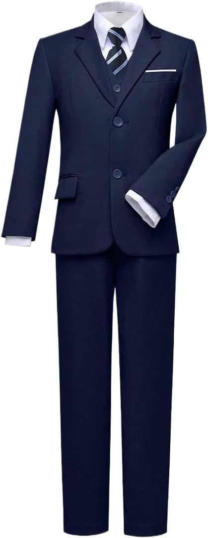Visaccy Boys Formal Suit Slim Fit Dress Clothes Ring Bearer Outfit Tuxedo Suits, Adjustable Waist (14 Years, Blue Suit Blue Plaid Tie)