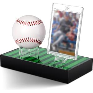 Acrylic Baseball and Card Display Case, Base Ball Holder, Green Lawn Base and Transparent Viewing Display Case Ball Protector for Memorabilia Showcase Autograph Gift