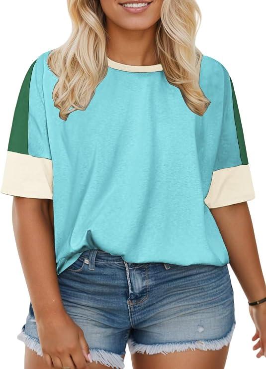 DOLNINE Plus-Size-Tops for Women Summer Color Block Shirts Casual Crewneck Tees Trendy Going Out Side Split Tunics 2XL