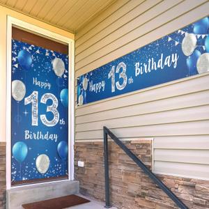 Happy 13th Birthday Door Cover Porch Banner Sign Set - 13 Years Old Birthday Decoraions Party Supplies for Men - Blue