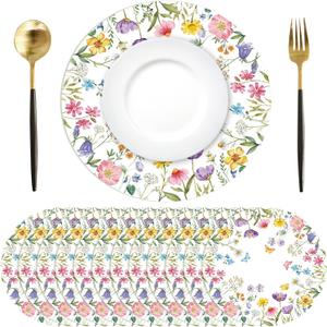 Tarklanda 50 Pcs Floral Placemats Disposable 13.4 Inch Round Paper Placemat Spring Wildflower Decorative Table Mats for Kitchen Dinner Wedding Anniversary Bridal Shower Birthday Party Supplies