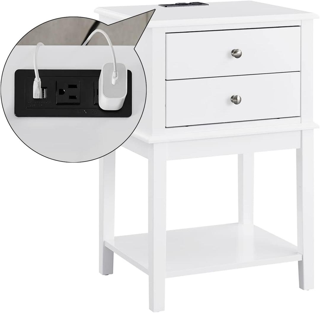 conifferism White Nightstand with Charging Station 28 inches Tall for Bedroom, Sofa Side Table with 2 Drawers,Large End Table with USB Ports,Modern Bedside Table for Home Living Room