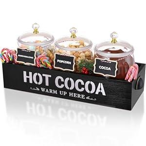 Thyle Large Christmas Hot Cocoa Bar Wood Storage Box with 3 Clear Plastic Jars 10 Mini Chalkboard Signs, Rustic Farmhouse Hot Cocoa Bar Supplies for Christmas Home Kitchen Gift Party Supplies (Black)