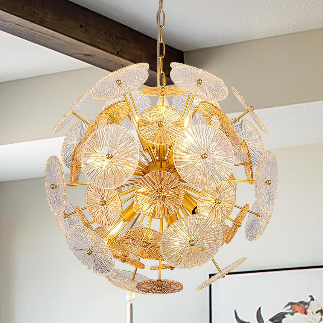 TOCHIC 24" Modern Glass Chandelier, 12-Light Sputnik Design Dimmable Gold | Height Adjustable, Fits 120200 sq. ft. Spaces, Suits 46 Seat Tables, Sloped Ceiling Compatible, Easy Installation