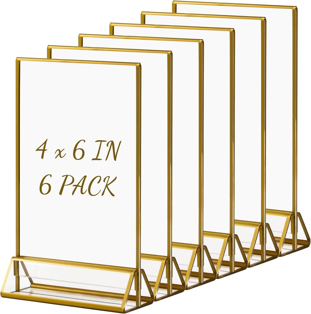 Boxalls Acrylic Sign Holders 4x6 in Gold, 6 Pack Picture Frame Table Number Wedding Holder, Vertical Photo Stand Double Sided, Menu Recipe Restaurant Reserved Display Centerpieces Bulk Frames