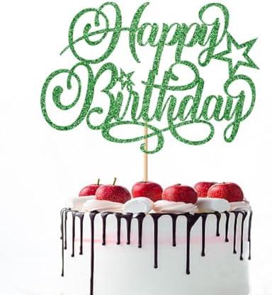 1Pcs Happy Birthday Cake Topper，Handmade Glitter Cake Pick，Celebrating Birthday/Anniversary Theme Party Decorations Supplies (Green, White)