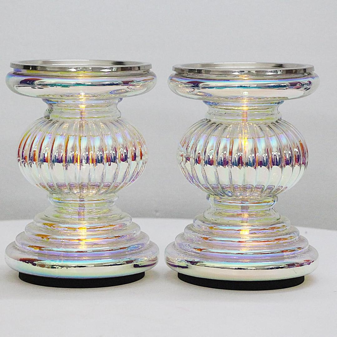 Glass Pillar Candle Pedestal Holders with Lights Set of 2, Candle Holder for Pillar Candle, Candlestick Holders, Candle Pedestal, Perfect Decoration for Wedding Home Dining Table Xmas (Colorful)