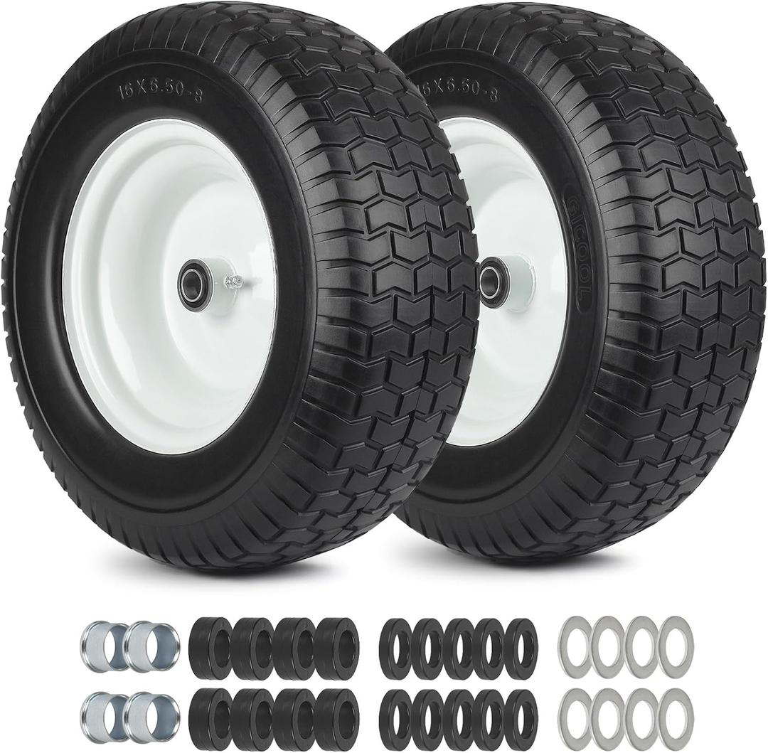16x6.50-8 Flat Free Tire and Wheel Assembly for Riding Lawn Mower
Replacement 16x6.5-8nhs Solid Rubber Garden Tractor Lawnmower Tyre, with 3/4" & 5/8" Bearing Bore, 3-7" Centered Hub, 2-Pack