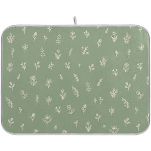 Sage Green Dish Drying Mat Quick Absorbent 18x24 Doodled Botany Flowers Leaves Herbs Plants Kitchen Drying Mat for Countertop Sink Reusable Dishes Mats Kitchen Essentials