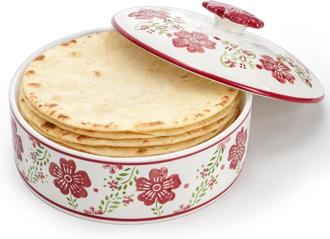 Coloch Ceramic Tortilla Warmer, 8.5 Inch Tortilla Holder with Lid Insulated Roti Holder for 12 Tortillas Hand-printed Taco Server for Tacos, Roti, Taco Tuesday, Microwave, Oven, Dishwasher Safe