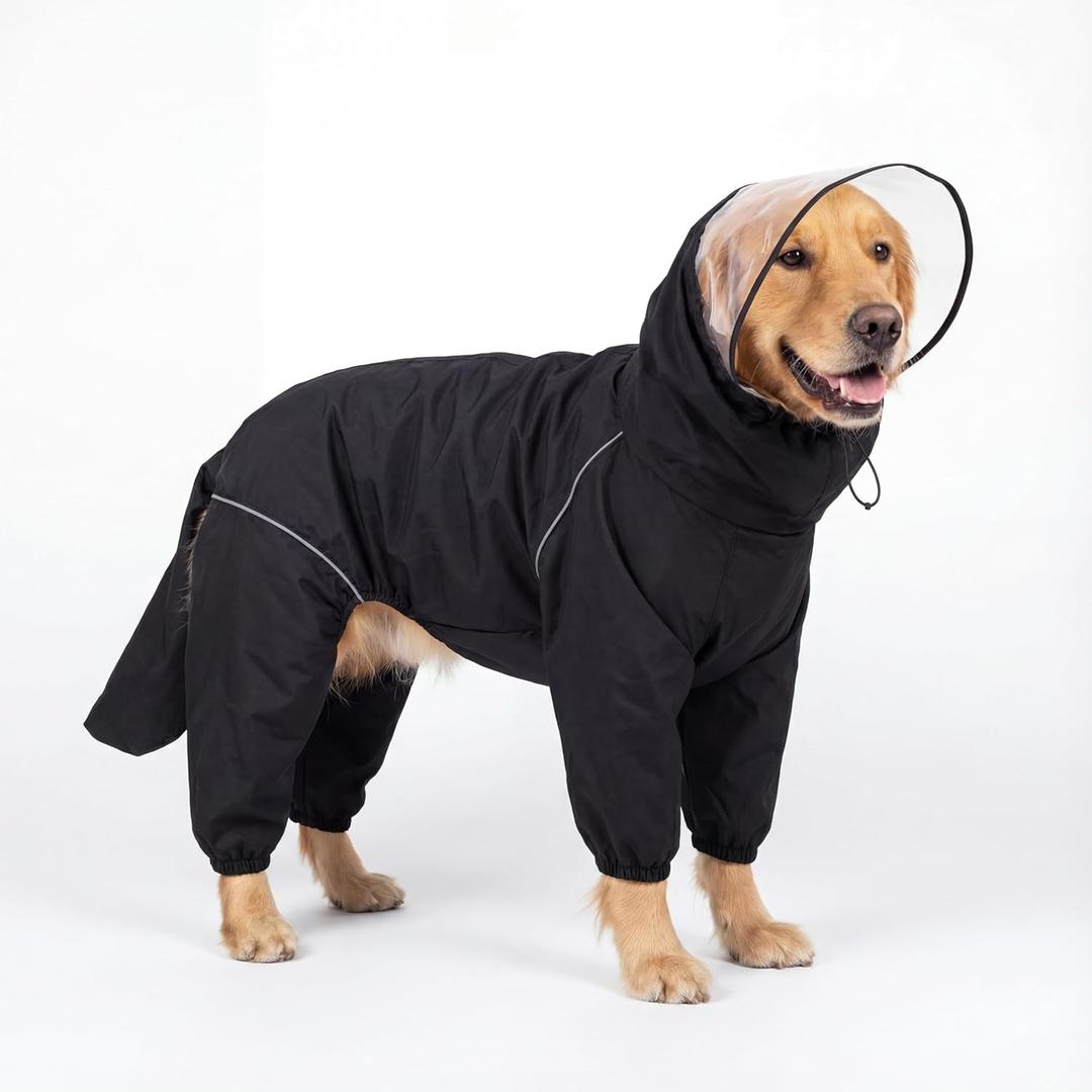 Dog Raincoat for Medium Large Dogs, rain Jacket Coat, Full Leg Coverage Waterproof Rain Suit with Detachable Hood & Tail, Reflective Strips, Snag-Free Top Zipper (Black for Girl, XX-Large)