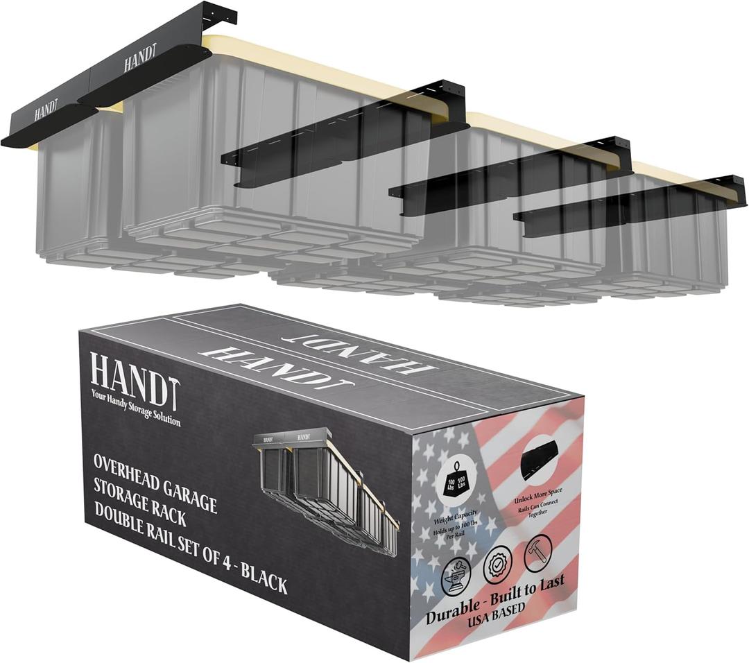 HANDT Overhead Garage Storage Rack, Connectable Heavy Duty Metal Ceiling Rails For Garage Storage Organization Shelving System, Hanging Racks For Tote Containers, Supports Up To 6 Bins, Black