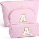 2 x YOOLIFE Initial Makeup Bag Cosmetic Bag Toiletry Pouch - Personalized Birthday Gifts for Women Teen Girls Mom Daughter Sister Friends, Pink A
