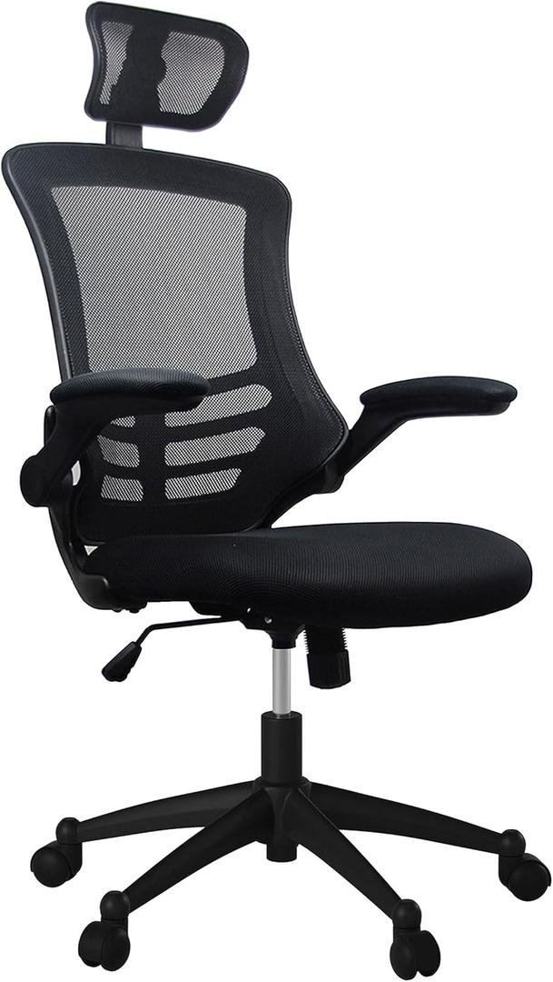 Techni Mobili Modern Ergonomic High-Back Office Chair, Executive Mesh Home Office Chair with Adjustable Headrest & Flip Up Arms, Black , 49.5" x 26.37" x 26.37", 26.5" W x 26.5" D x 45.5-49.5" H