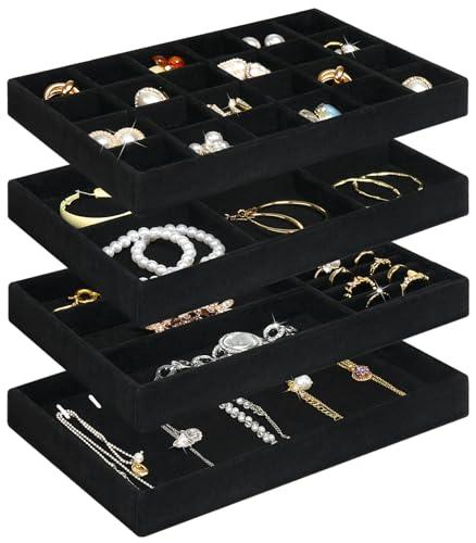 Jenseits 4 Stackable Jewelry Trays Organizer Set for Drawers, Jewellery Drawer Insert Divider Jewel Display Storage with Removable Dividers for Earring Necklace Rings Bracelet, Black