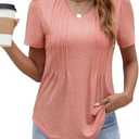 Anbech Women's V Neck T Shirts Pleated Casual Plain Tops Short Sleeve Summer Blouses, L