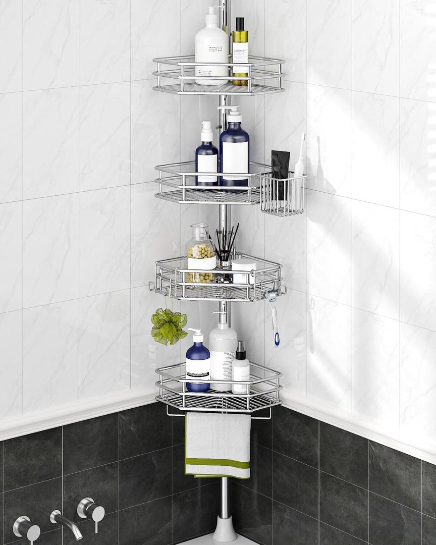 SEIRIONE Corner Shower Caddy Tension Pole, Quick Setup, Rust-Free Bathroom Shower Organizer Corner for Bathtub Shampoo Storage, 4-Tier Adjustable Shelf, Drill Free, Fits 34 to 116 Inch Height, Silver