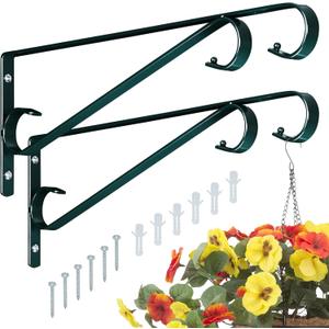 Plant Hangers Outdoor 2 Pack 15.5 Inch Metal Plant Hooks for Wall, Decorative Straight Hanging Plant Bracket for Bird Feeders, Planters, Lanterns, Wind Chimes, Blackish Green