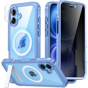 360 Protection Magnetic for iPhone 16 Case Built-in 9H Privacy Screen Protector & Metal Stand[Fit for Magsafe][Anti-Spy][Lens Protector] Heavy Duty Shockproof Phone Case for iPhone 16(Blue)
