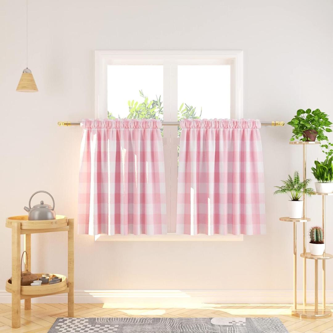 Cafe Curtains 30 inches Long Buffalo Plaid Kitchen Tiers 2 Panels Rod Pocket Gingham Check Short Small Half Window Curtains Bathroom Pink & White