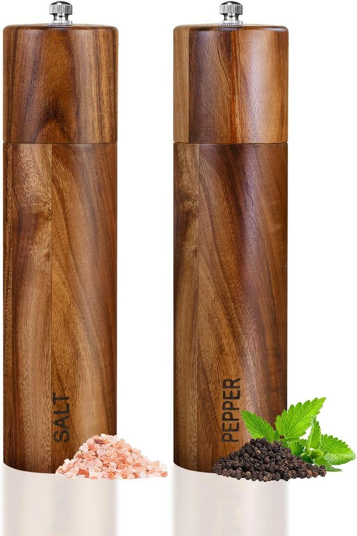XWXO 2 Pack Acacia Wooden Salt and Pepper Grinder Set 8 Inches Refillable Salt and Pepper Mills Adjustable Coarseness, Acacia Wood with Ceramic Core Peppercorn Shaker Tableware Birthday Gifts
