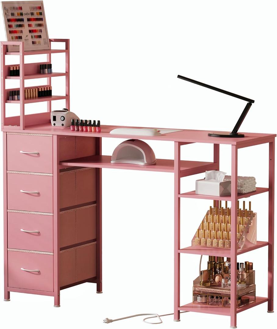 Manicure Table Nail Desk for Nail tech with Drawers and Power Outlet,Nail Beauty Table with Storage and Open Shelves for Home,Workshop,Makeup Beauty Salon Workstation (Pink), 47.24" L x 15.75" W x 47.24" H