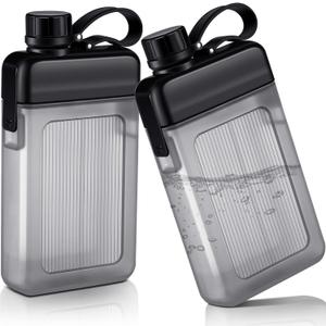 Honeydak 2 Pcs Flat Water Bottle 13oz Plastic Flask for Liquor Slim Square Bottles Portable Travel Mug Pocket Flask for Outdoor Sports (Black)