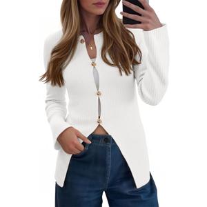 Saodimallsu Womens Ribbed Long Sleeve Sweater Tops Button Up Crewneck Slim Fitted Cardigans Sexy Going Out Knit Shirts (Medium, White)