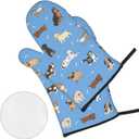 Perinsto Cute Dogs Animals Blue Oven Mitts & Pot Holders 4 Pcs Set, Decorative Heat Resistant Cooking Gloves Microwave Oven Gloves for Kitchen Baking Grilling BBQ