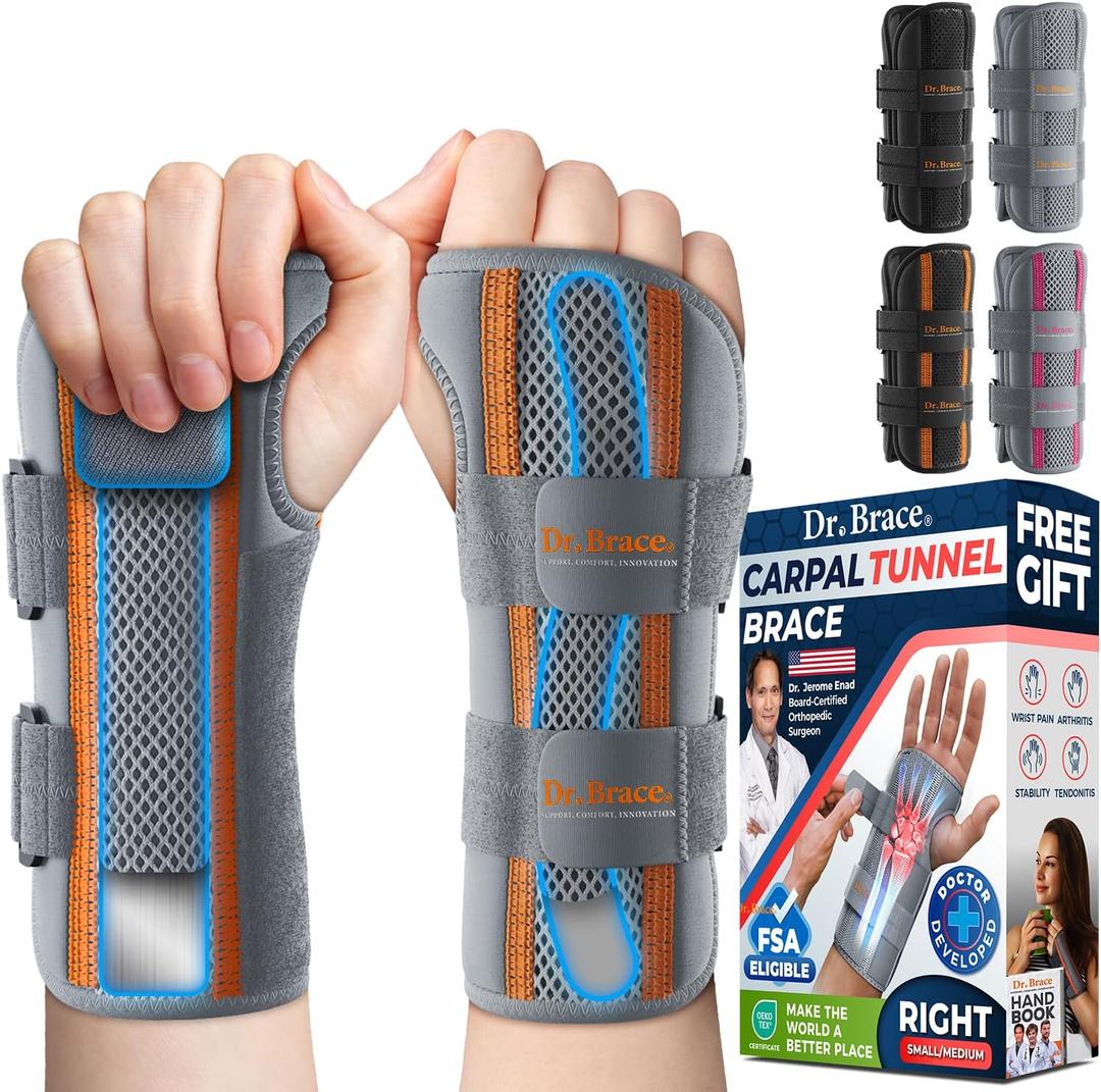 DR. BRACE Adjustable Wrist Brace Night Support for Carpal Tunnel, Doctor Developed, Upgraded with Double Splint & Therapeutic Cushion,Hand Brace for Pain Relief,Injuries,Sprains (S/M Right Hand, Grey-Orange)