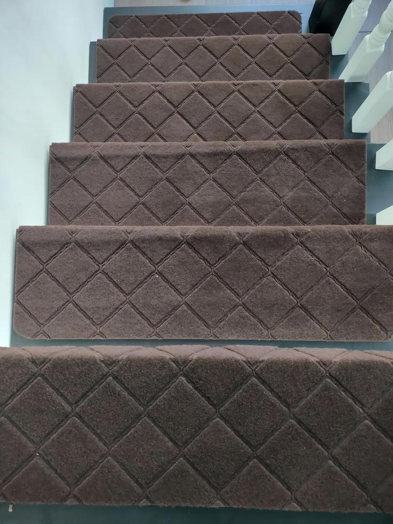 9"X36" Bullnose Stair Treads Carpet Non-Slip for Wooden Steps Indoor, Machine Washable and Reusable with Tape Free Self-Adhesive Back for Pets, Set of 15, Brown