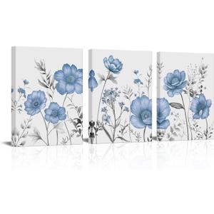 sechars Blue Flower Canvas Wall Art Vintage Floral Painting Pictures Decor Modern Blue and Grey Bedroom Bathroom Decoration (Blue)